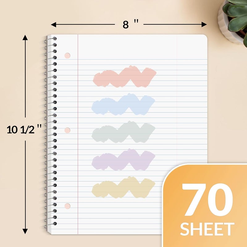 SUNEE Spiral Notebooks, 6 Pack, 1-Subject, College Ruled Paper, 8" x 10-1/2", 70 Sheets per Notebook, Assorted Aesthetic Colors Spiral Notebooks for School - Image 2